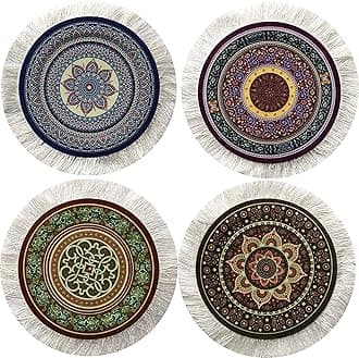 Turkish Rug Coasters Set of 4 – Round Carpet-Style Drink mats with Fringe, Non-Slip Backing, Decorative Home Accent | Dining Accessory