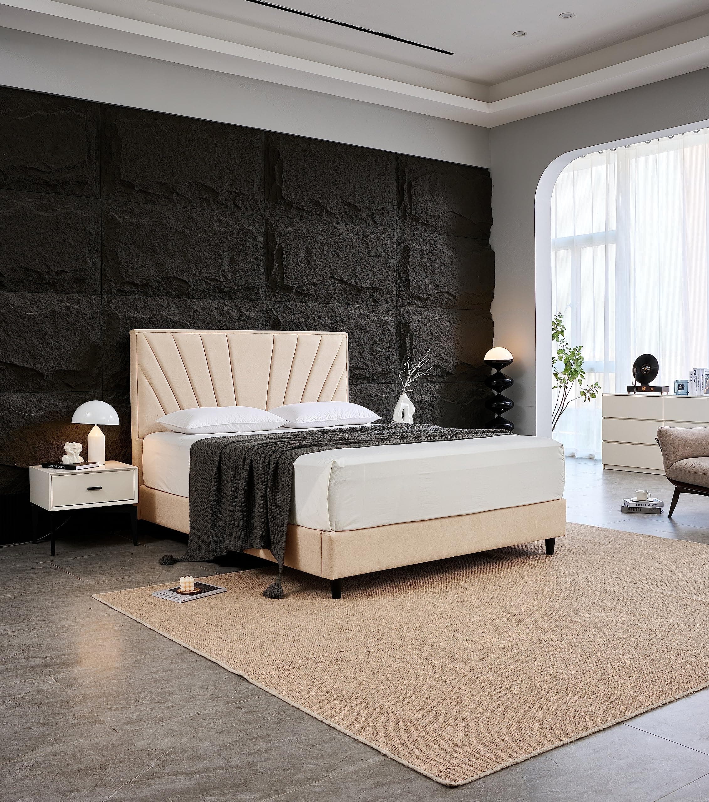 Modern Upholstered Platform Bed Frame with Headboard - Strong Wooden Slats, Non-Slip & Noise-Free Design - No Box Spring Needed - Easy Assembly - Queen Size - Beige