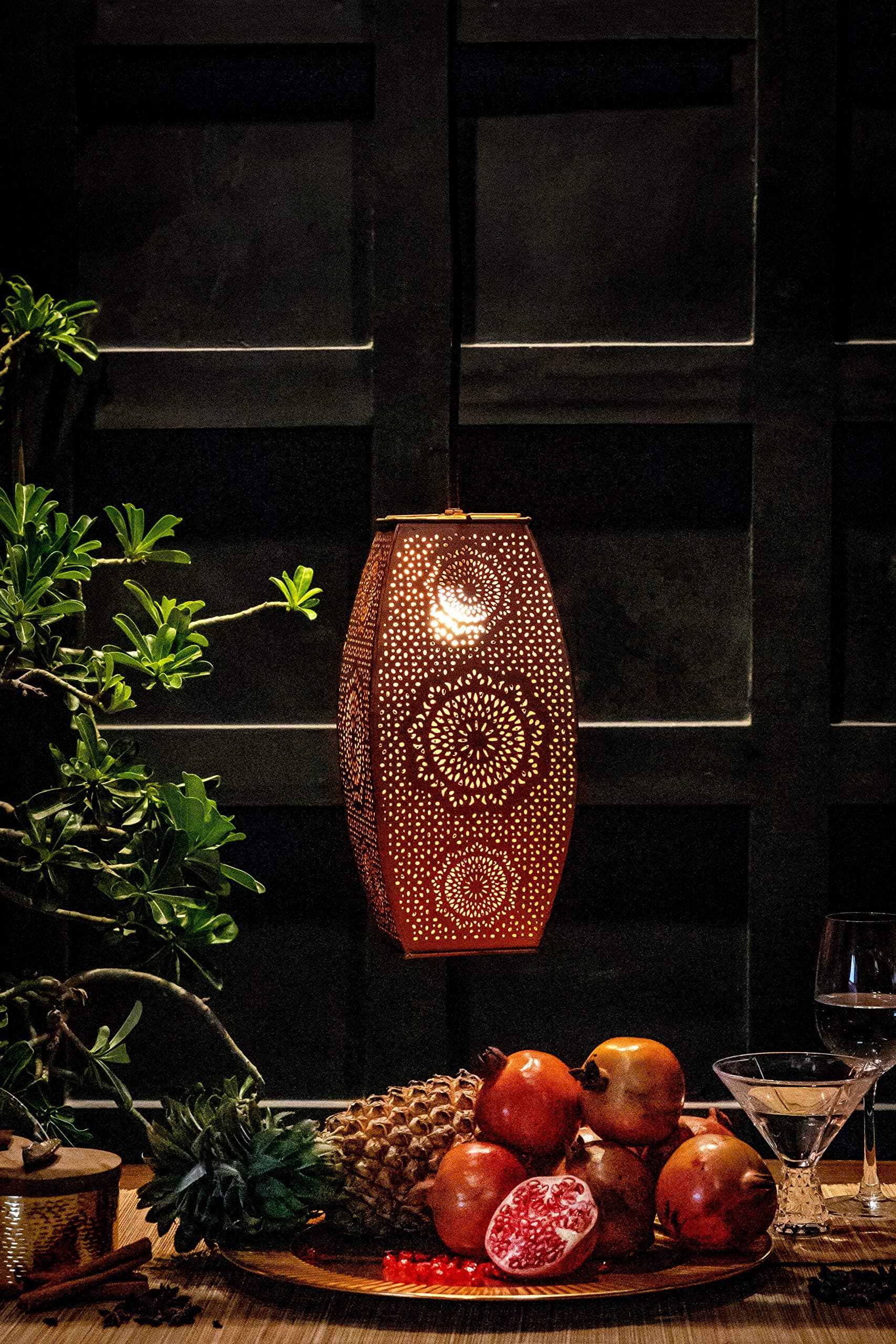 Logam Copper Zellige Long Moroccan Hanging Pendant Ceiling Light, E - 14 Bulb Holder, Without Bulb, 16 x 16 x 35 cm