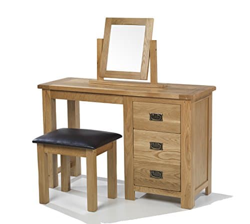 Aylesbury Solid Wood Rustic Oak Dressing Table Unit With Stool And Mirror, Natural Oak, H 77 x W 120 x D 43 cm