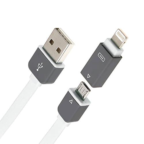 GadgetBoy MFi Certified by Apple 2-in-1 Flat Tangle Free 8 Pin Lightning to USB and Micro USB Data Cable and Charger 1M for Apple iPhone 6 / 6S / 6 Plus / 6S Plus / 5 / 5S / 5C / iPad Air / Pro / Mini 4 3 2 / Samsung Galaxy S6 / S6 Edge / Note 5 4 / LG G4 / HTC One M9 - White