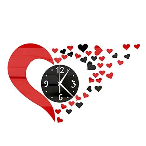DIY Wall Clock Acrylic Heart Shapes Mirror Effect Large Wall Clocks Unique Interior Decoration 500x400x1mm (Red+Black)
