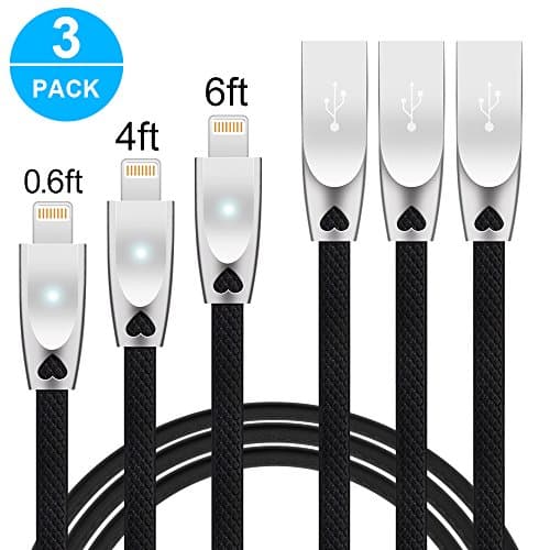 Lightning Cable with Led Light, Sokuci iPhone Charger 3 Pack 0.6FT 4FT 6FT Apple High Speed Charging Data Sync USB Cable Fast Long Cord for iPhone X 8 Plus 7 Plus 6s 6 5s 5c 5 SE, iPad iPod - Black