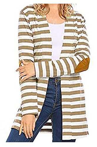 Kaking Women's Black White Elbow Patch Shawl Collar Thick Striped Open Front Cardigan Sweaters Coat Outwear