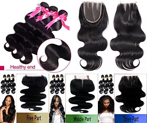 eCowboy 3 Bundle Pack Virgin Remy Body Wave Lace Closure Complete Set Weave Extensions 10"12"12"+Closure10" Free Part