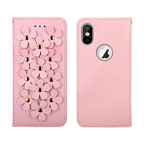iPhone X Wallet Case Folio (5.8-Inch), 3D Vintage Flower Patchwork Flip Floral Cover PU Leather Wallet Case with 2 Card Holder for Girls and Women (Pink)