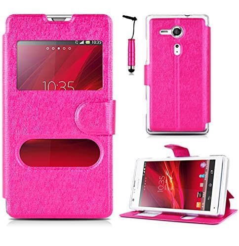 Magic Global Gadgets - Pink Window Leather Book Smart Flip Case Cover For Sony Xperia SP M35H / HSPA C5302 / LTE C5303 / LTE C5306 With Magnetic Closure + Media Stand + Fitted Silicone Gel Frame Inside + Screen Guard & Stylus Pen
