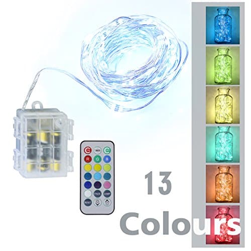 MAVIE 13 Colors Waterproof Silver Wire LED String Lights, 10M 100 LEDS Outdoor Christmas Lights String Battery Powered with Remote Control for Decoration