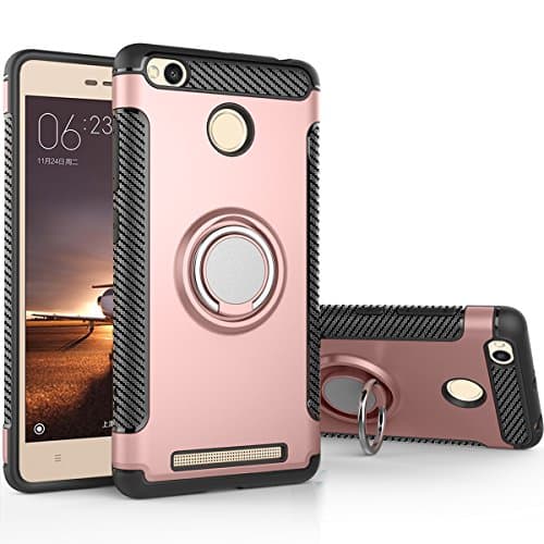 COOLKE Dual Layer Shockproof TPU Silicone + PC Hard Back shell 360 Rotating Ring Grip Holder Kickstand with Back Magnetic Circle Protective Case Cover for Xiaomi Redmi 3S - Rose Gold