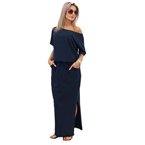 Taore Women's 3 4 Sleeve Solid Plus Maxi Slit Long Dress with Elastic Waistband Pocket