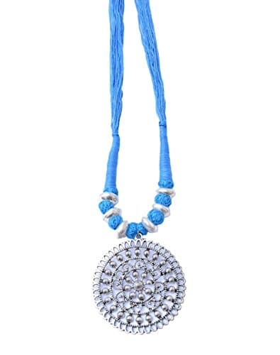 GiftPiper Threaded German Silver Necklace Round Shape Pendant-Turquoise 3