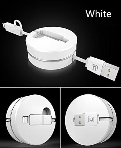 Retractable Sync 2-in-1 USB Cable with Lightning & Micro USB Connectors 3.3Ft Retractable Quick Charging Data High Speed Adapter Cable for iPhone 5s 6 6s Plus, iPad, iPod, Android Phones (White)