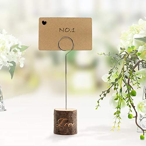 ElekFX 6" Rustic Real Wood Base Wedding Party Table Name Number Holder Party Decoration Card Holders Picture Memo Note Photo Clip Holder- Love Sign (Pack of 10)