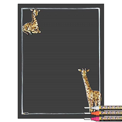 Cohas Magnetic Backed Lined Chalkboard with Safari Theme, Includes Giraffe Chalk Art and Liquid Chalk Marker, 12 by 16 Inches, 3 Bright Markers