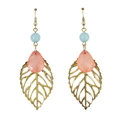 Gold Tone Light-weight Detailed Leaf Dangle Drop Earrings (Leaf F)
