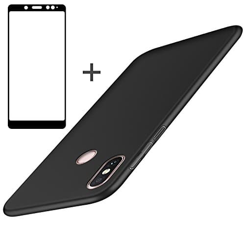 BLUGUL Xiaomi Redmi Note 5 Case + Screen Protector, Ultra-Thin Slim, Fully Protective, Silk Feeling, Tempered Glass and Hard Cover for Redmi Note 5 Black