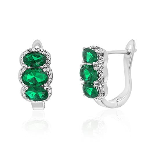 Lesa Michele Lab Created Emerald and Diamond Accent Oval Shaped Omega Earring in Rhodium over Brass