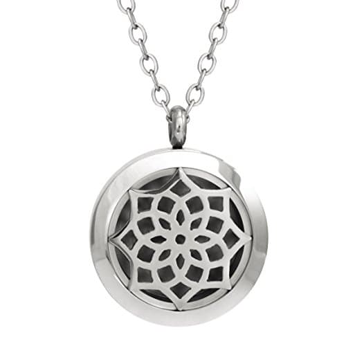 Aromatherapy Essential Oil Diffuser Necklace ~ Elegant Gift Box - Hypoallergenic Stainless Steel Locket with 24" Chain & 3 Highly Absorbent, Washable Refill Pads By Alaia Essentials (Lotus Mandala)