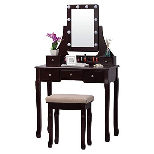 Fineboard FB-VT32-BN LED Lights Vanity Table Set with Stool and Mirror with 5 Drawers, Brown