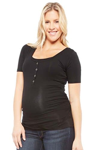NOM Maternity Snap Front Ruched Maternity Nursing Short Sleeve Tee - Black - Small