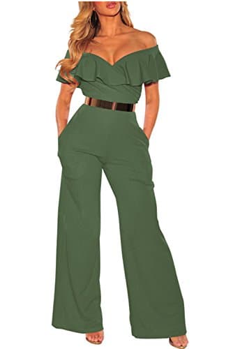 Women Ruffle Off Shoulder Solid Jumpsuits Wide Leg Long Romper Pants Without Belt