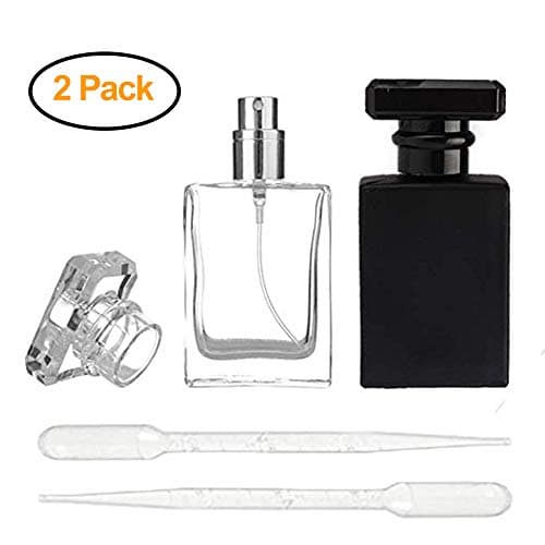 2 Pack - 30ML Flint Glass Refillable Perfume Bottle +2 Pack - 3ML Transparent Dropper, Square Portable Cologne Atomizer Empty Bottle with Spray Applicator For Travel (Transparent and Black)