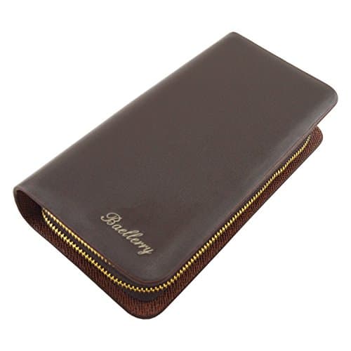 IU COMP Baellerry Men's Solid Leather Zipper Clutch and Hand Wallet,Coffee