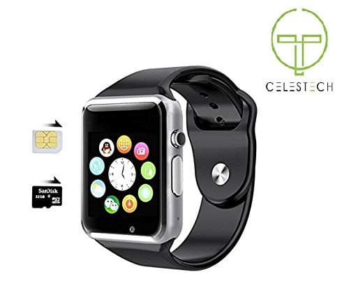 CELESTECH Exclusive Bluetooth Intelligence Health and Activity Tracker Round Digital Smartwatch with Pedometer with SIM Card & Memory Card Slot (Black Strap), Compatible with Android and iOS Devices