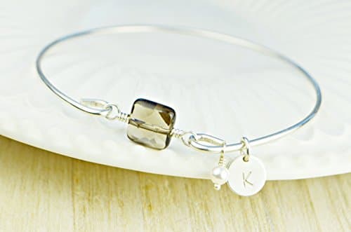 Smoky Quartz Bangle Bracelet- Square Gemstone Bead Bangle with or without Charms, Sterling Silver Filled Wire Wrap Bracelet-Custom Made to Size