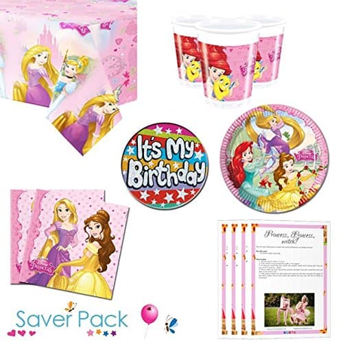 Disney Princess tableware saver pack for 8, 16, 24 or 32 guests - comes with a FREE "It's My Birthday" badge and downloadable party game pack (8 Guests)