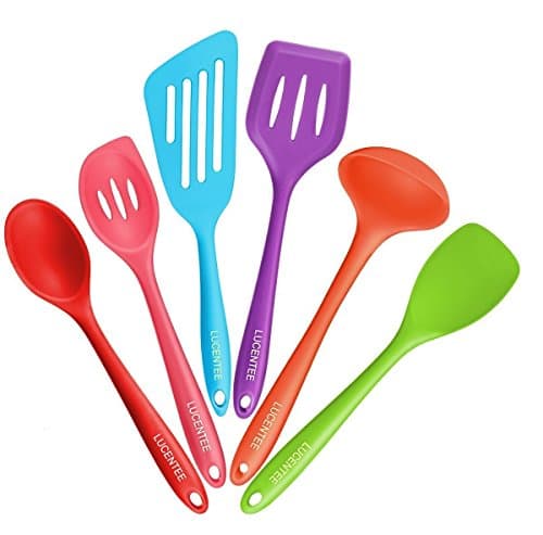 Silicone Spatulas & Kitchen Utensils Sets: 6 Piece Rubber Cookware Set with Heat Resistant & Non Stick Slotted Spatula, Ladle, Small Spoonula, Spoon & Turner - Plastic Nonstick Cooking Accessories