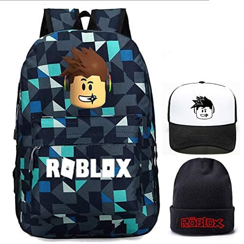 Roblox Backpack With Baseball Cap and Knitted Hat, Student Bookbag Laptop Backpack Travel Computer Bag for Boys Girls Kids Teenagers Game Fans Gift (Lingger 3)
