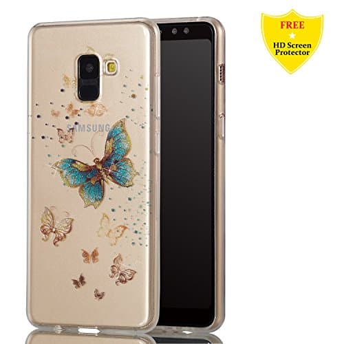 Samsung Galaxy A8 2018 Case + Free HD Screen Protector,idatog® Luxury Fashion Sparkle Glitter Cute Design Soft Silicone Gel Skin Cover Case Flexible TPU Creative Case Bumper Shockproof Anti-Scratch Protective Back Cover for Samsung Galaxy A8 2018 (Butterfly)
