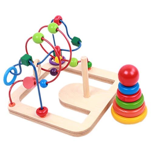 Moombike Multipurpose Educational Wooden Beads Game Activity Cube - Bead Roll Maze, Rainbow Ring Stacker - Colorful Beads Maze Educational Learning Toy for Kids and Toddlers