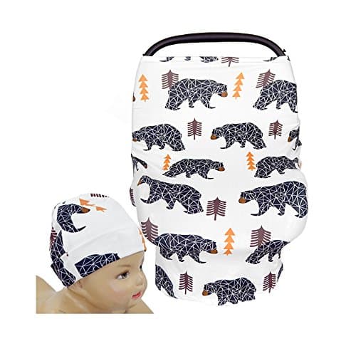 SHELLBOBO Multi-Use Infinity Stretchy Shawl Car Seat Canopy Baby Buggy Covers Animmals Printed Cotton Breastfeeding Covers for Moms Cute Bears (white)