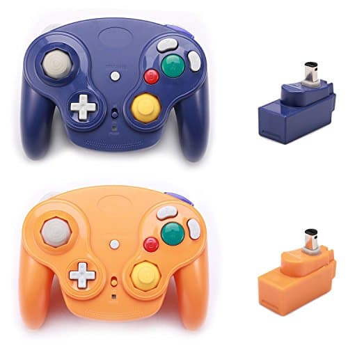 Poulep 2 Packs Classic 2.4G Wireless Controllers Gamepad with Receiver Adapter for Nintendo Wii U Gamecube NGC GC (Purple and Orange)