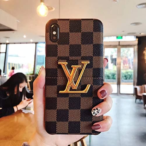 Phone Case for iPhone Xs, Phone Case for iPhone X, Luxury Designer Vintage PU Leather Back Metal Logo with Card Slots Protective Case for iPhone Xs, iPhone X