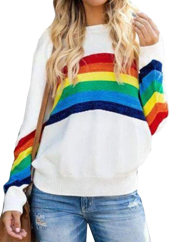 Womens Rainbow Pullover Sweaters Lightweight Long Sleeve Crew Neck Loose Knit Sweater