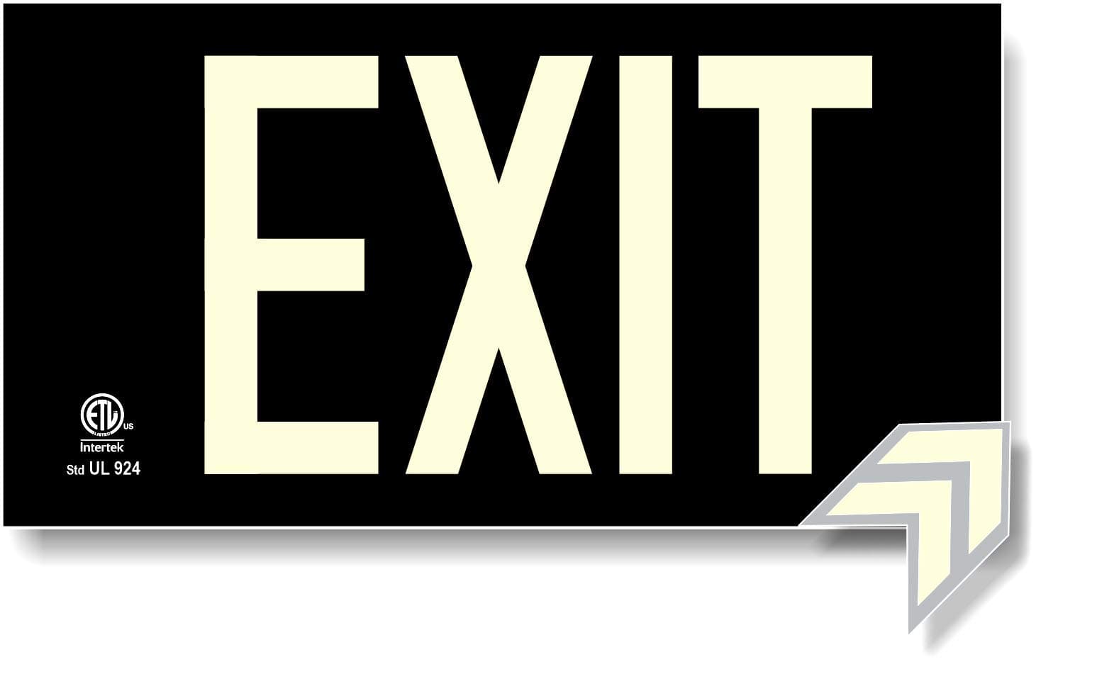 Photoluminescent Exit Sign Black - Aluminum Code Approved UL 924 / IBC / NFPA 101 (Directional Arrows Included)