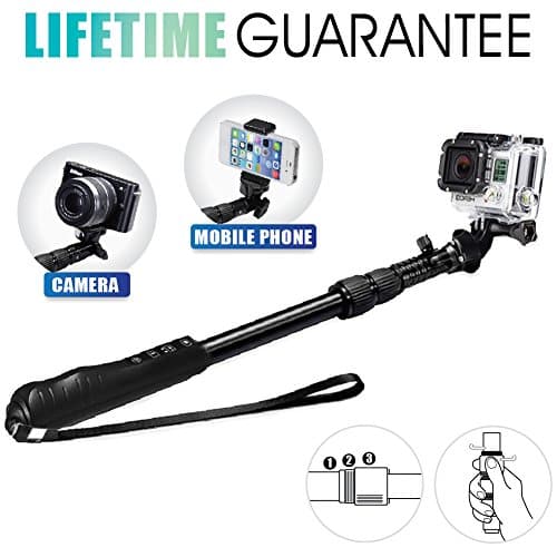 Selfie Stick with Bluetooth Shutter, 43.3” Extra Long Extendable Monopod for Pros & Amateurs for Widest Angle Background Selfies! Strong, Lightweight, Secure Mount Head Adapters with 180° Rotation – Fits Mobile Phones & GoPro Cameras