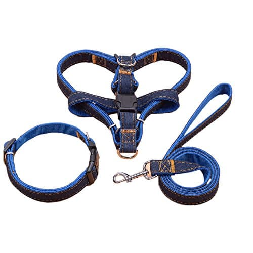 Dog Leash Harness, 3pcs Rescue No-Pull Harness Leash Collar, Adjustable and Heavy Duty Denim for Large/Medium/Small Dog (XL)