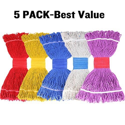 16 oz Cotton Easy Wring Saddle Mop Head Refill, Heavy Duty Looped-End String Swinger Style Replacement Mop Head, for Home, Commercial, and Industrial Use (5 Pack Multi Color, 16 oz)