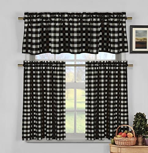 Black and White 3 Piece Gingham Check Kitchen Window Curtain Set: Plaid, Cotton Rich, 1 Valance, 2 Tier Panels (Matching 3 Piece Window Curtain Set)