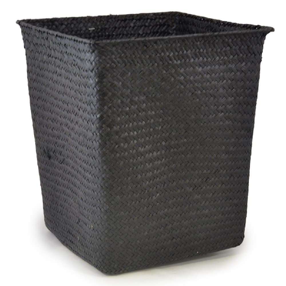 Small Branded Square Woven Seagrass Waste-Trash-Garbage-Can-Bin Basket Storage Can Kitchen-Bath-Room-Home-Office Wood Color-ME2980B Black 10in