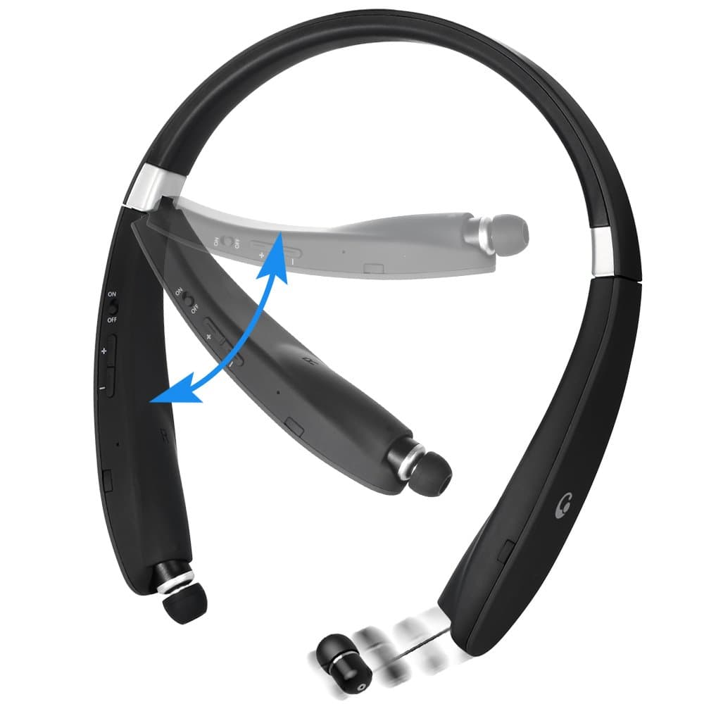 Absone Bluetooth Headset Wireless Stereo Headphones with Foldable Neckband Retractable Earbuds Earphones (Black)