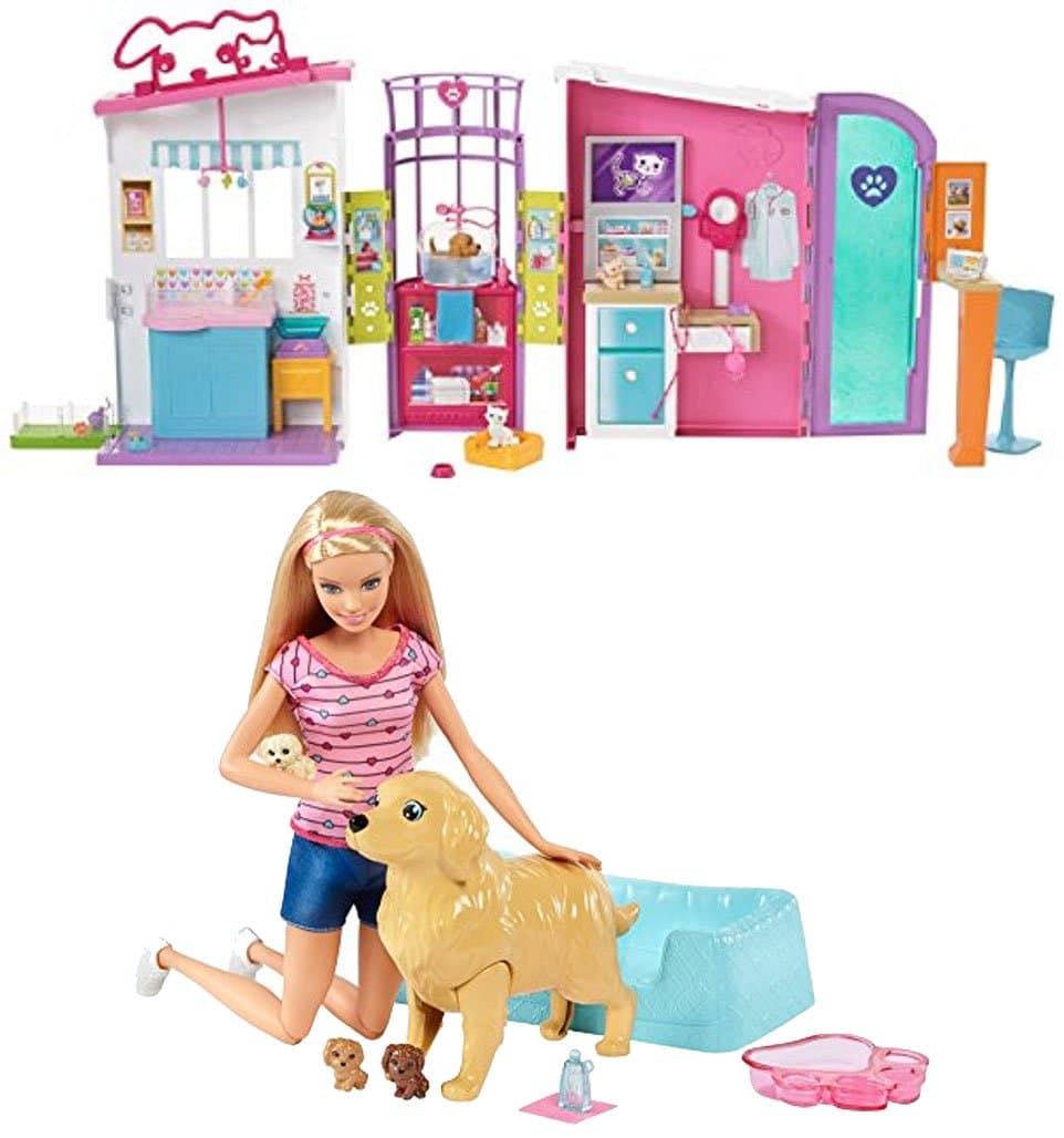 Barbie Bundle Includes 2 Items Pet Care Center Playset Newborn Pups Doll & Pets Playset, Blonde