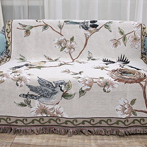 Eazyhurry 100% Pure Cotton Bird Flower Pattern Woven Throw Blanket Featuring Decorative Fringes Super Soft Sofa Blanket Home Decor for Chair Bed Couch 51" X 63"