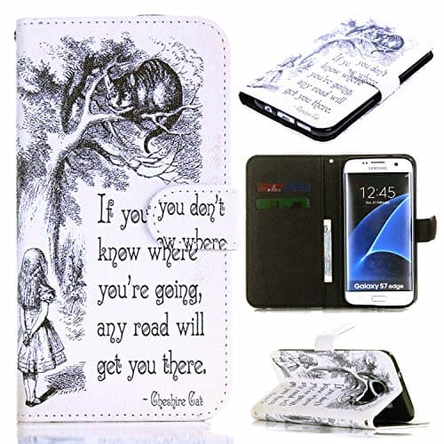 Galaxy S7 Edge Case, S7 Edge Wallet Case - Alice with The Cheshire Cat Pattern Premium PU Leather Wallet Case Stand Cover with Card Slots Cash Compartment for Samsung Galaxy S7 Edge