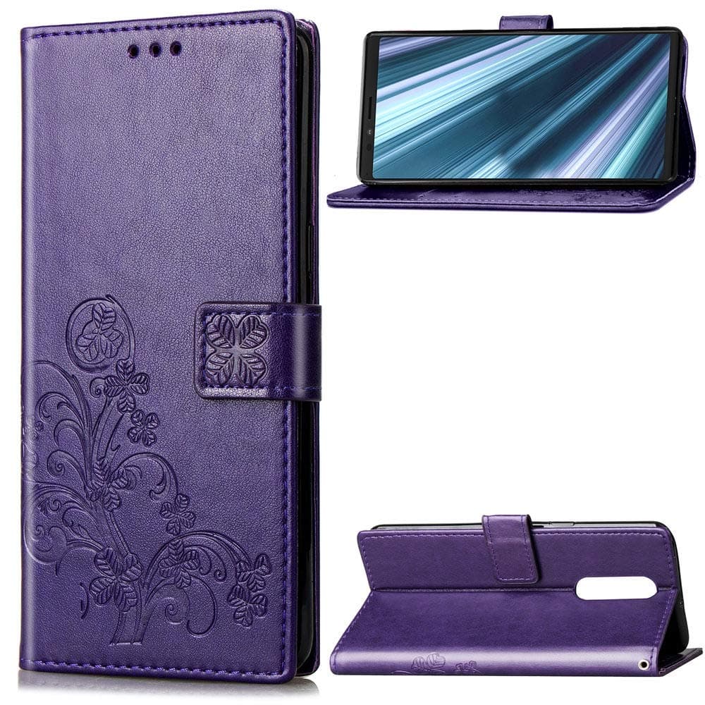 Mobile Phone Leather Cases Lucky Clover Pressed Flowers Pattern Leather Case for Sony Xperia 1 / Xperia XZ4, with Holder & Card Slots & Wallet & Hand Strap (Black) Leather Cases ( Color : Purple )