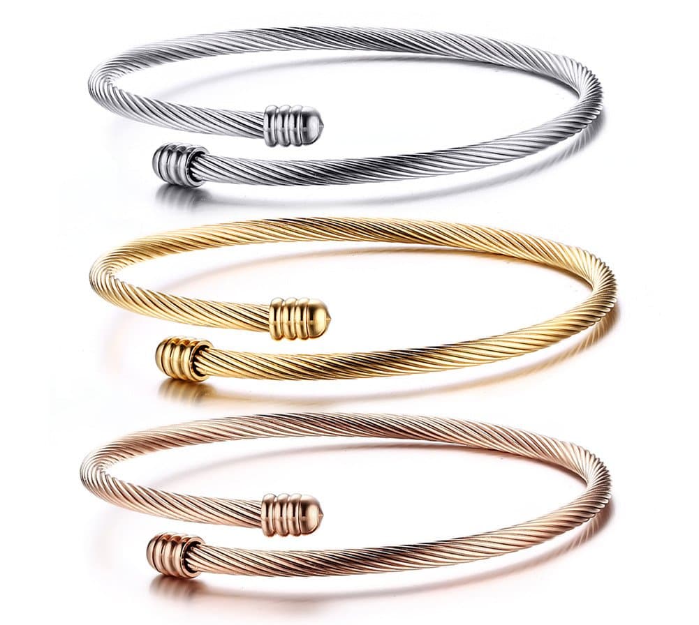 Stainless Steel Triple Three Stackable Cable Wire Twisted Cuff Bangle Bracelet for Women, Gold/rose gold/silver